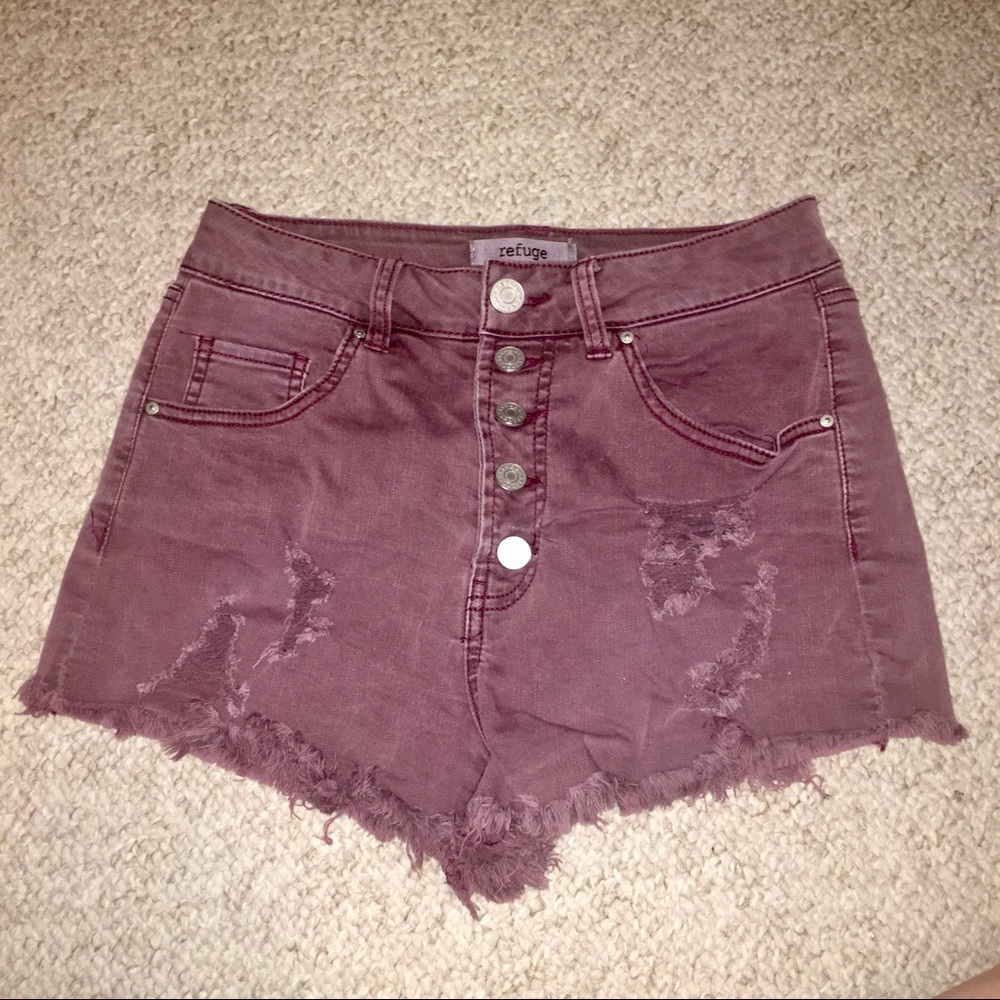 Maroon Ripped Denim Shorts